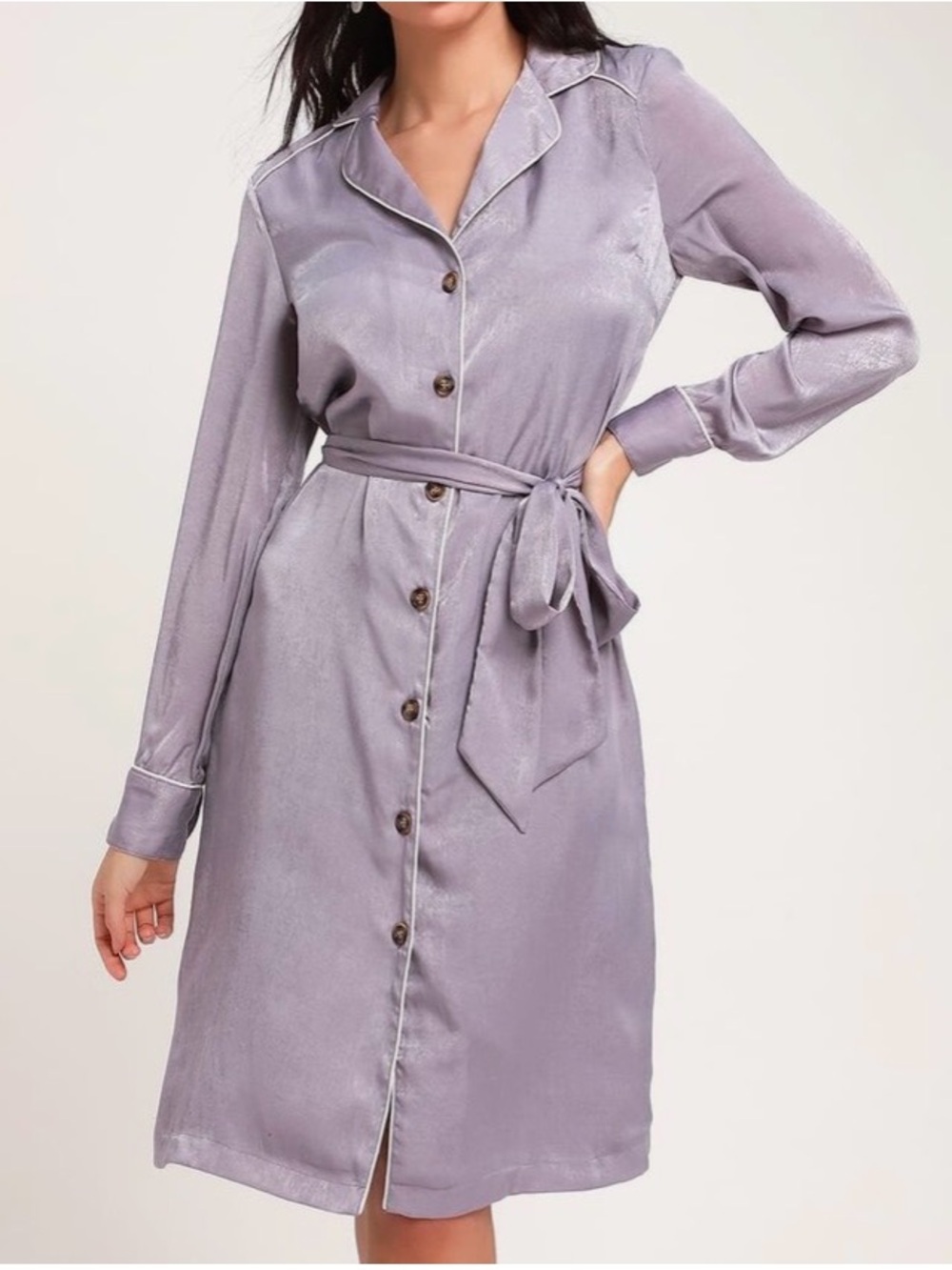 Lulus Elise Lavender Satin Midi Shirt Dress XS NWT Long Sleeve Tie Waist